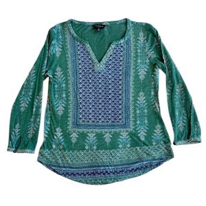 Lucky Brand Women Top S Blue Floral Paisley Boho Shirt 3/4 Sleeve Tee